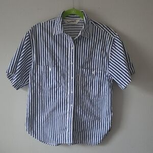 Diane Von Furstenberg Blue and White Striped Short Sleeve Button Up Shirt